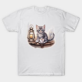 kitten with a lantern and cup of tea T-Shirt